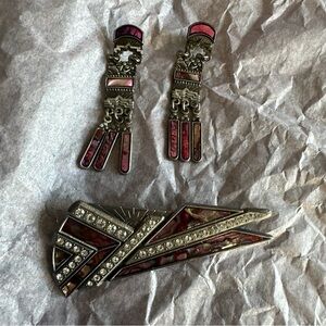 DURI Art Deco Dangle Brass Pierced Earrings And Brooch Abalone Shell Inlay 1980s